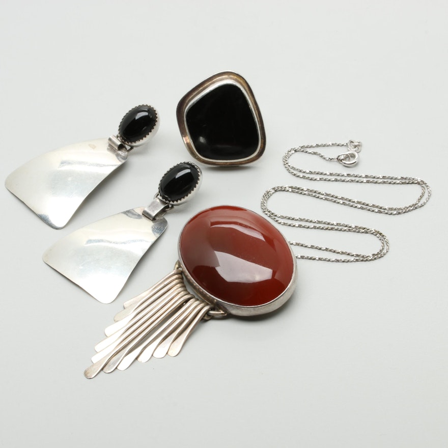 Sterling Silver Carnelian, Black Onyx, and Glass Jewelry Including Mexican