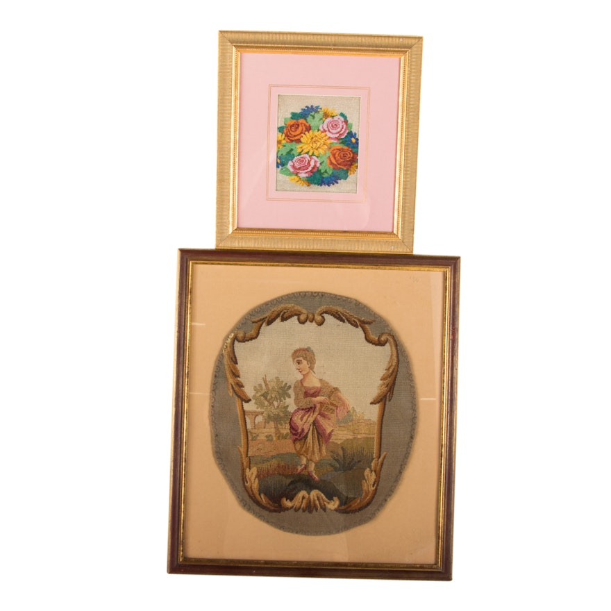 Two framed needlepoint panels, 20th Century