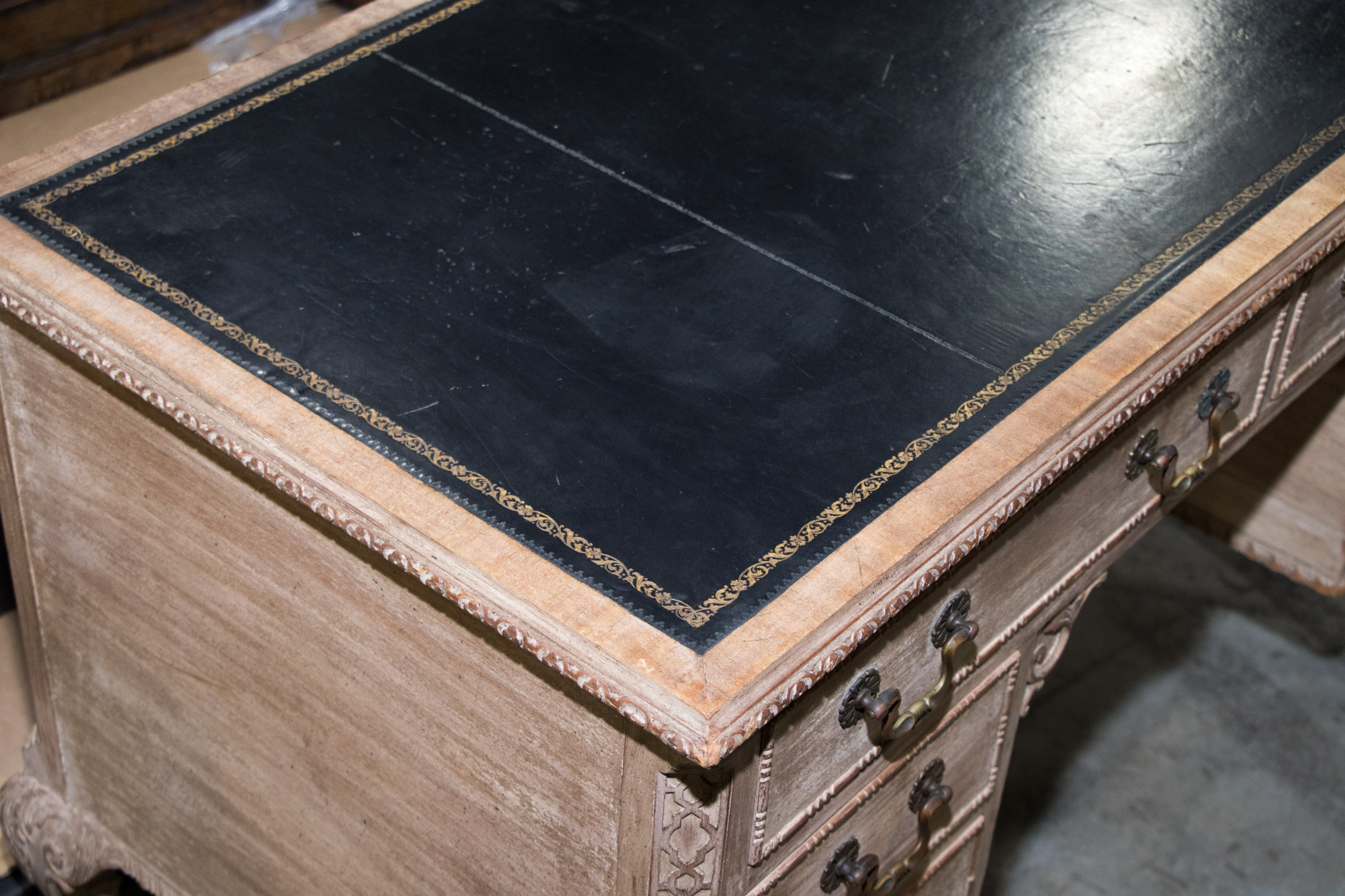 George III Style Pickled Writing Desk with Black Leather Top, 20th Century