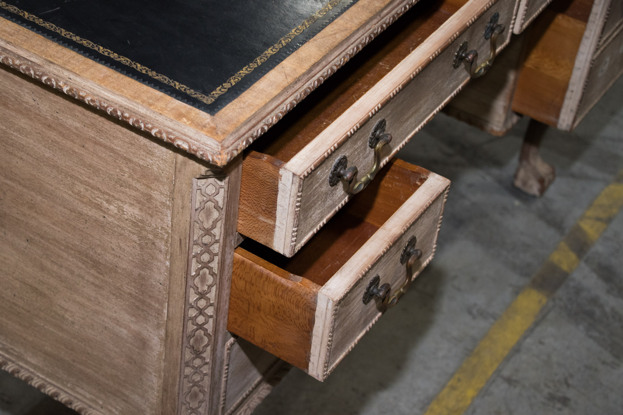 George III Style Pickled Writing Desk with Black Leather Top, 20th Century