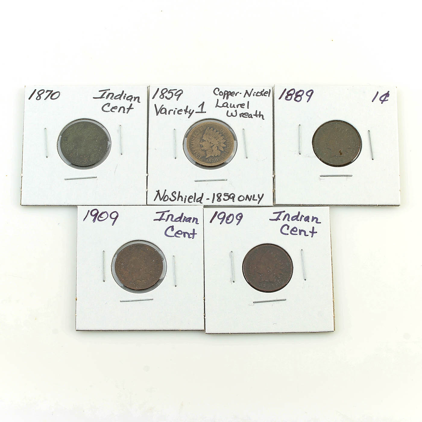 Five Indian Head Cents, Including an 1870 Cent