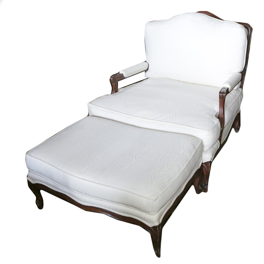 French Provincial Style White Upholstered Armchair with Ottoman