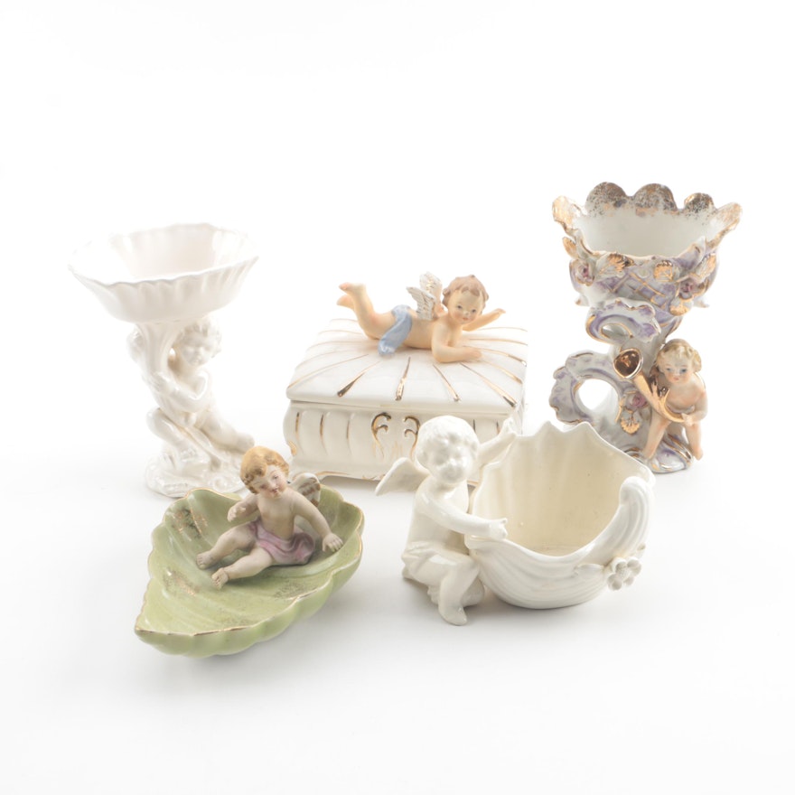 Vintage Cherub Themed Trinket Box and Vases including Ucagco and Lefton