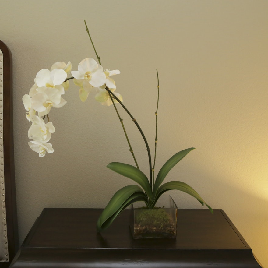 Artificial White Orchid in Glass Planter