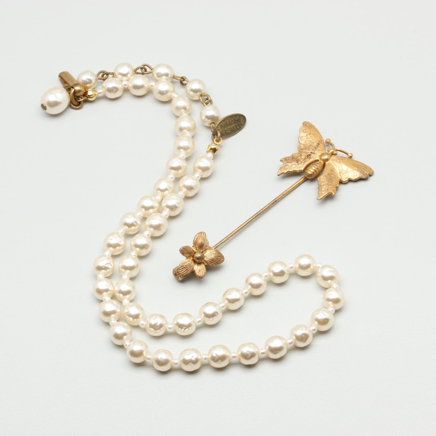 Miriam Haskell Gold Tone Imitation Pearl Necklace and Butterfly Stick Pin