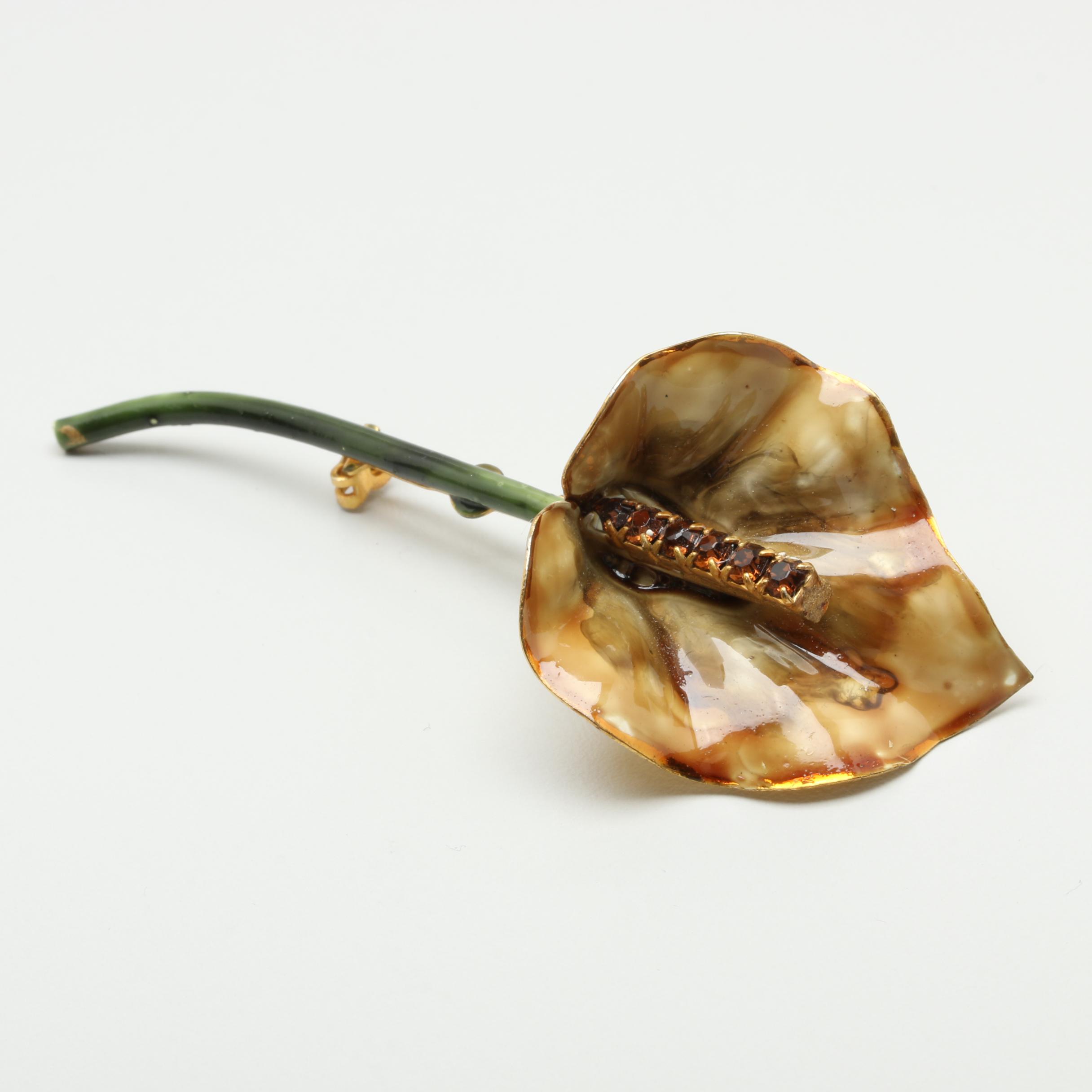 Vintage 1960s Sandor Gold Tone Glass and Enamel Flower Brooch