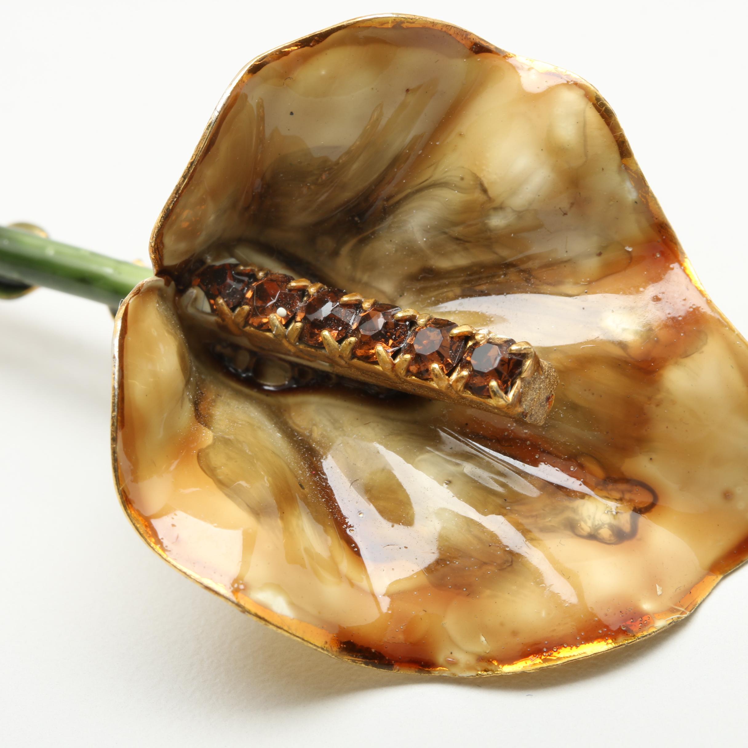 Vintage 1960s Sandor Gold Tone Glass and Enamel Flower Brooch