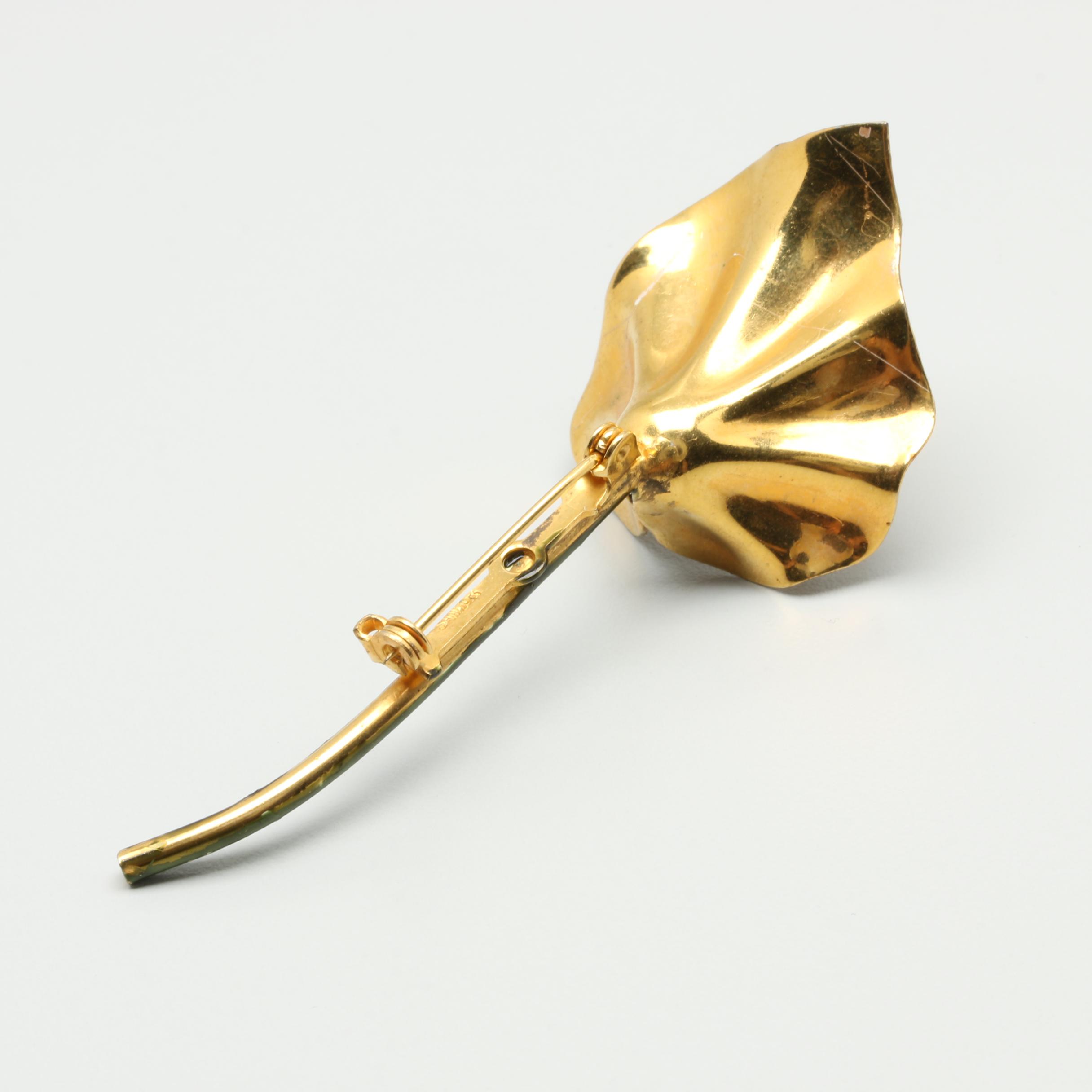 Vintage 1960s Sandor Gold Tone Glass and Enamel Flower Brooch