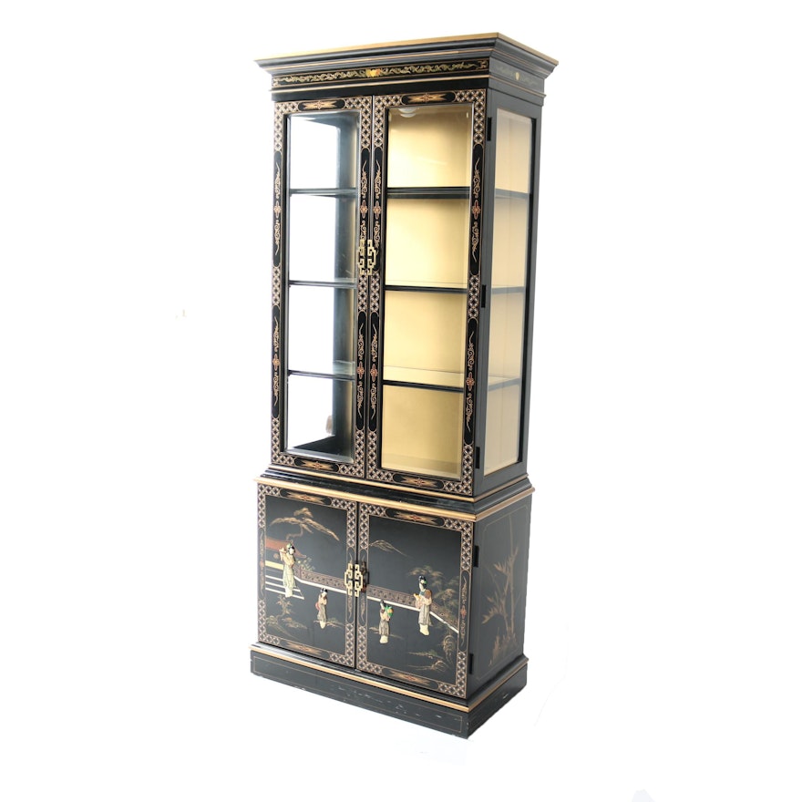 Vintage Chinese Black Lacquered Illuminated China Cabinet