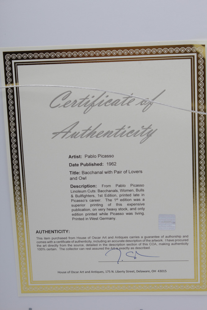 Pablo Picasso 1962 Linocut "Bacchanal with Pair of Lovers and Owl"