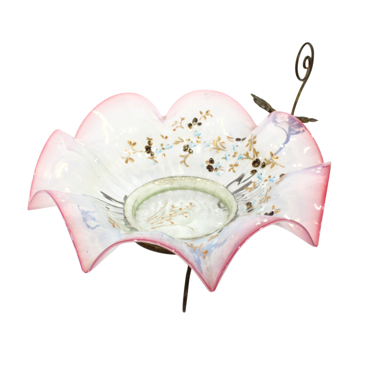 Victorian Enameled Vaseline Glass Floral Bowl on Gilt-Metal Stand