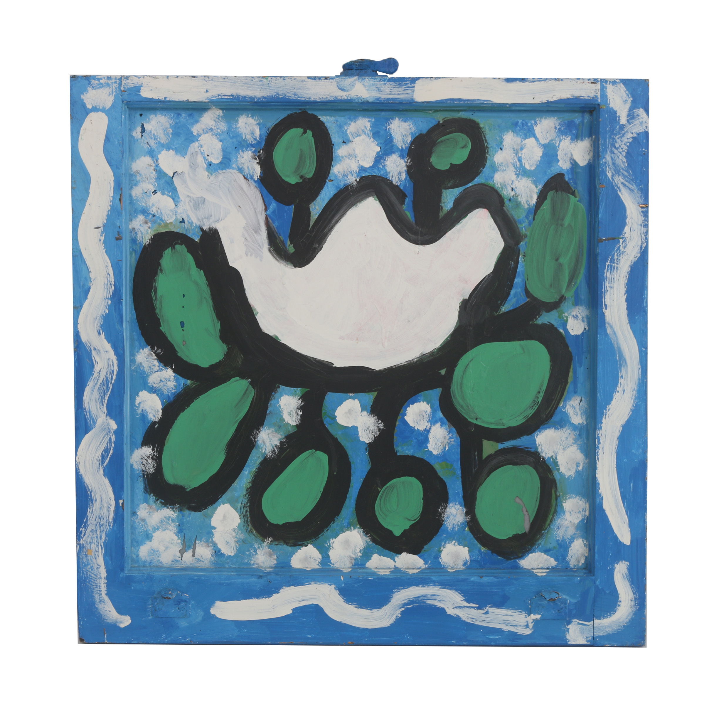 Curtis Davis 2016 Acrylic Painting on Found Window "A Rose (White on Blue)"