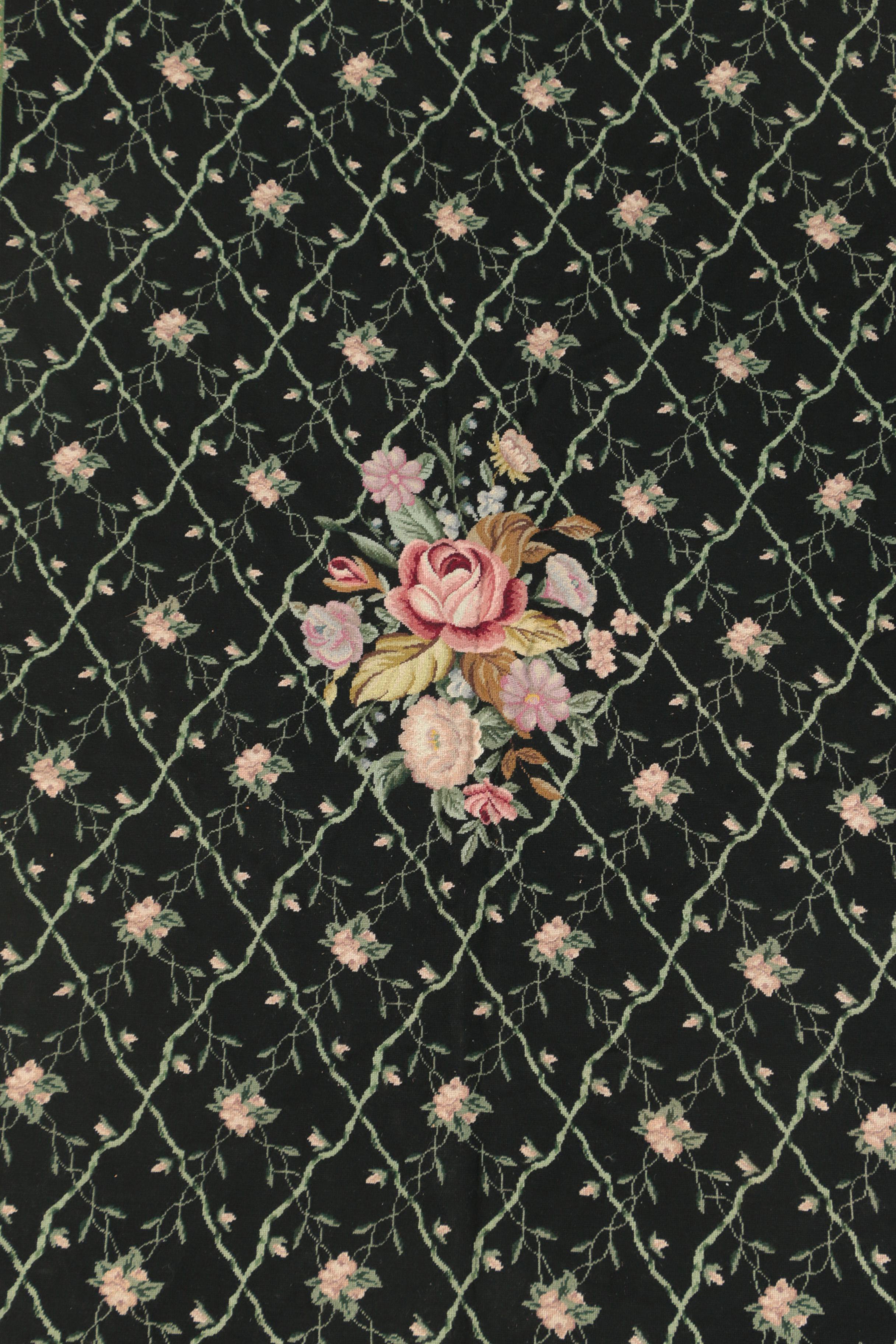 Vintage Handmade Rose Lattice Needlepoint Area Rug