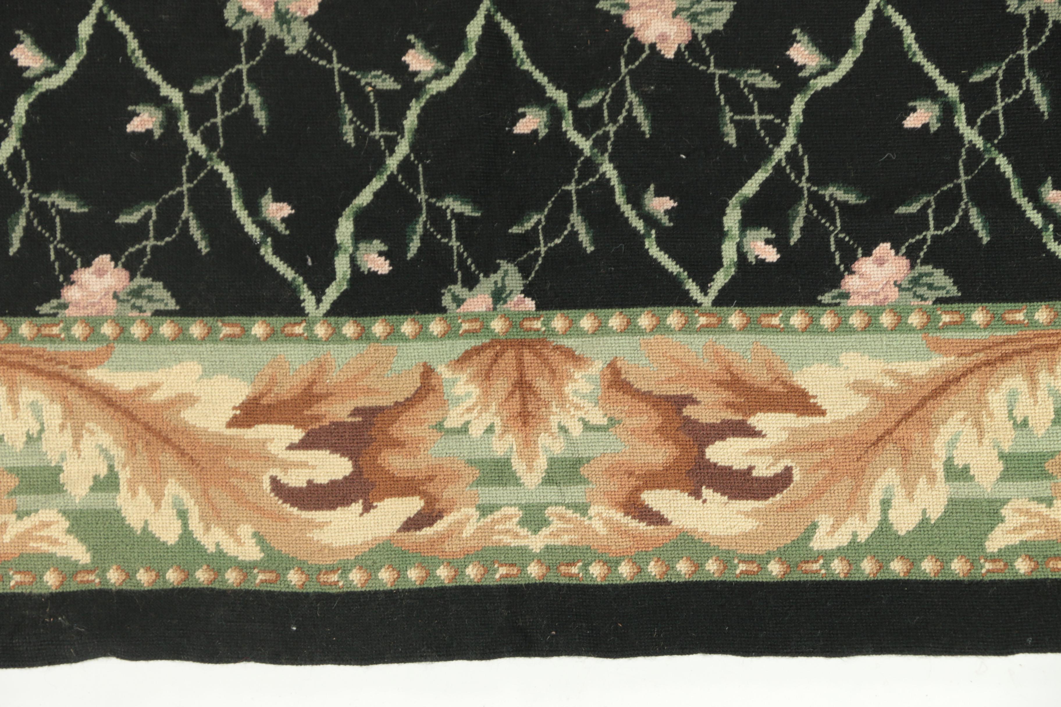 Vintage Handmade Rose Lattice Needlepoint Area Rug