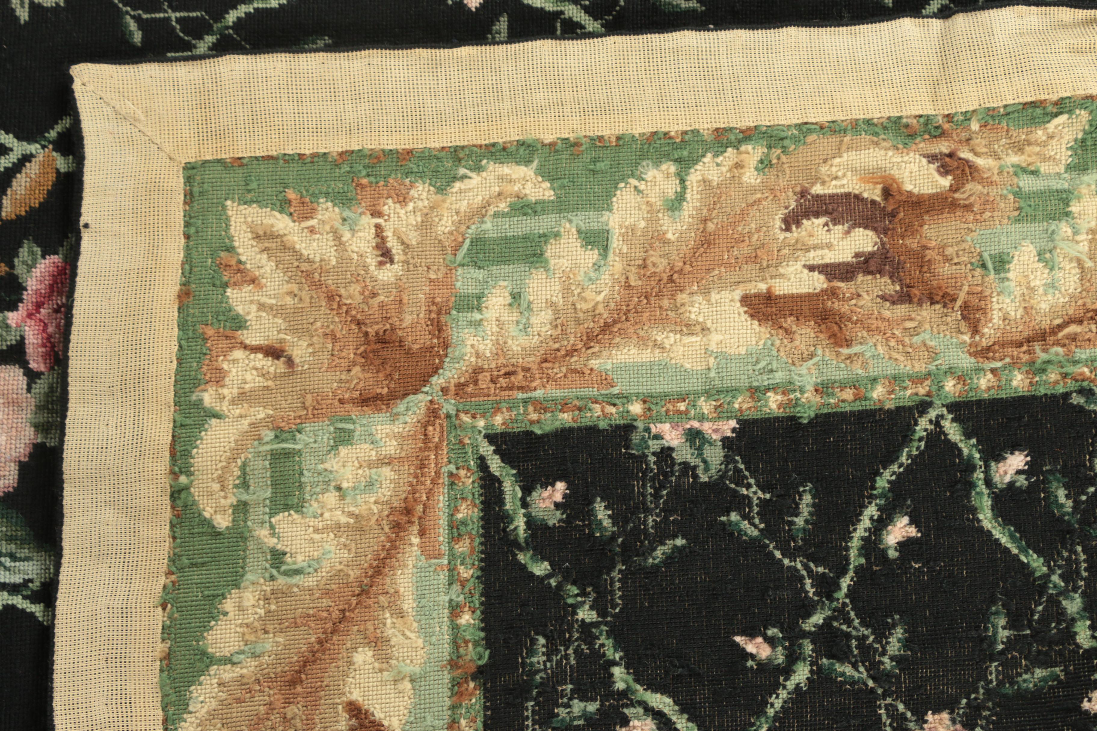 Vintage Handmade Rose Lattice Needlepoint Area Rug