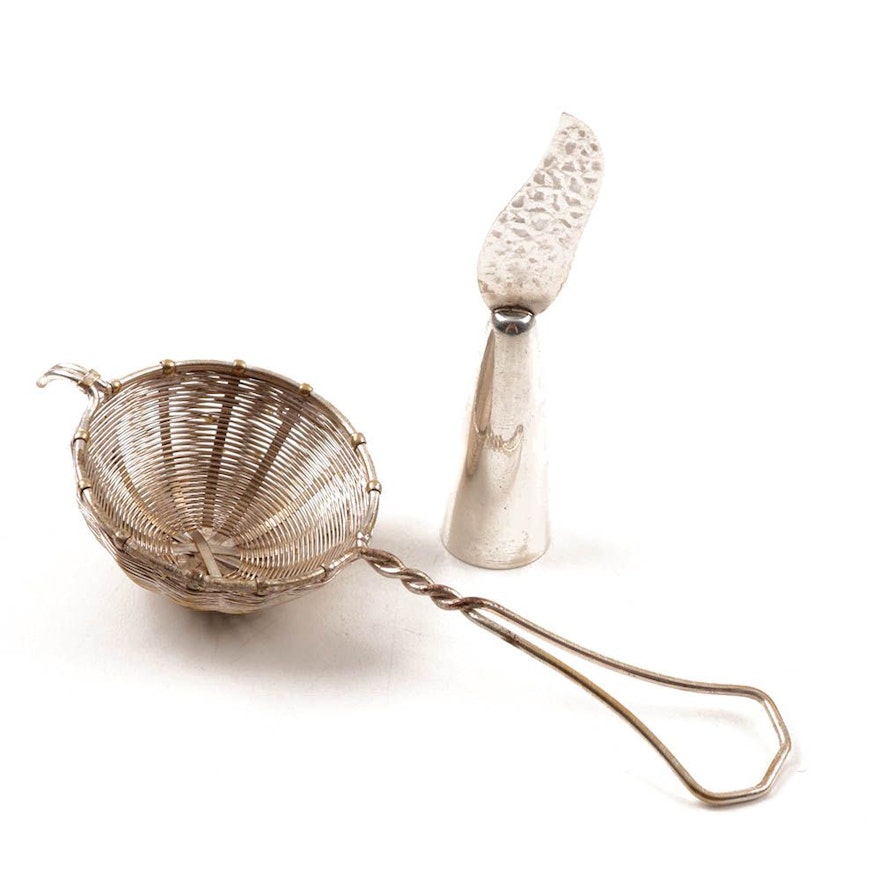 German Silver Wire Basket Weave Tea Strainer, 20th Century