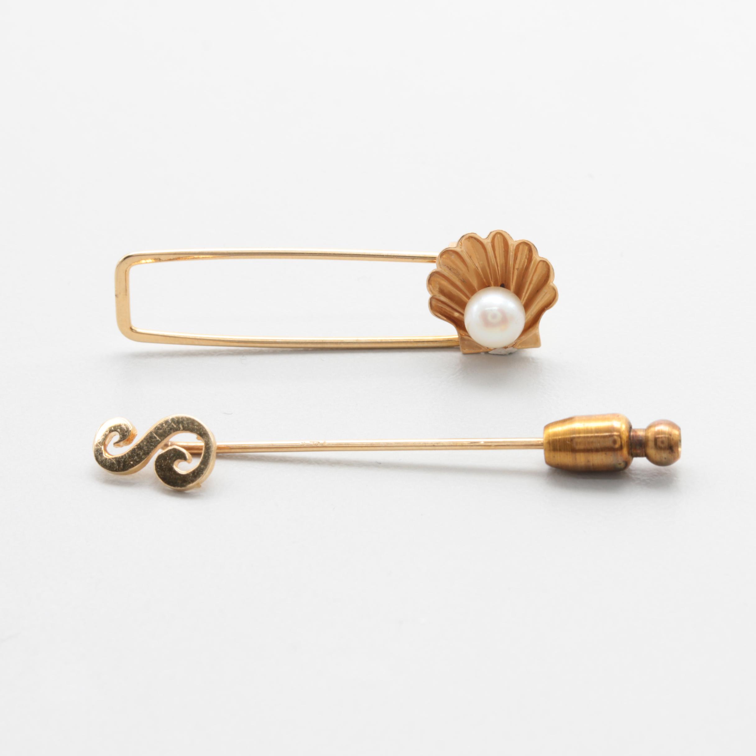 14K Yellow Gold Pin Selection Including a Cultured Pearl