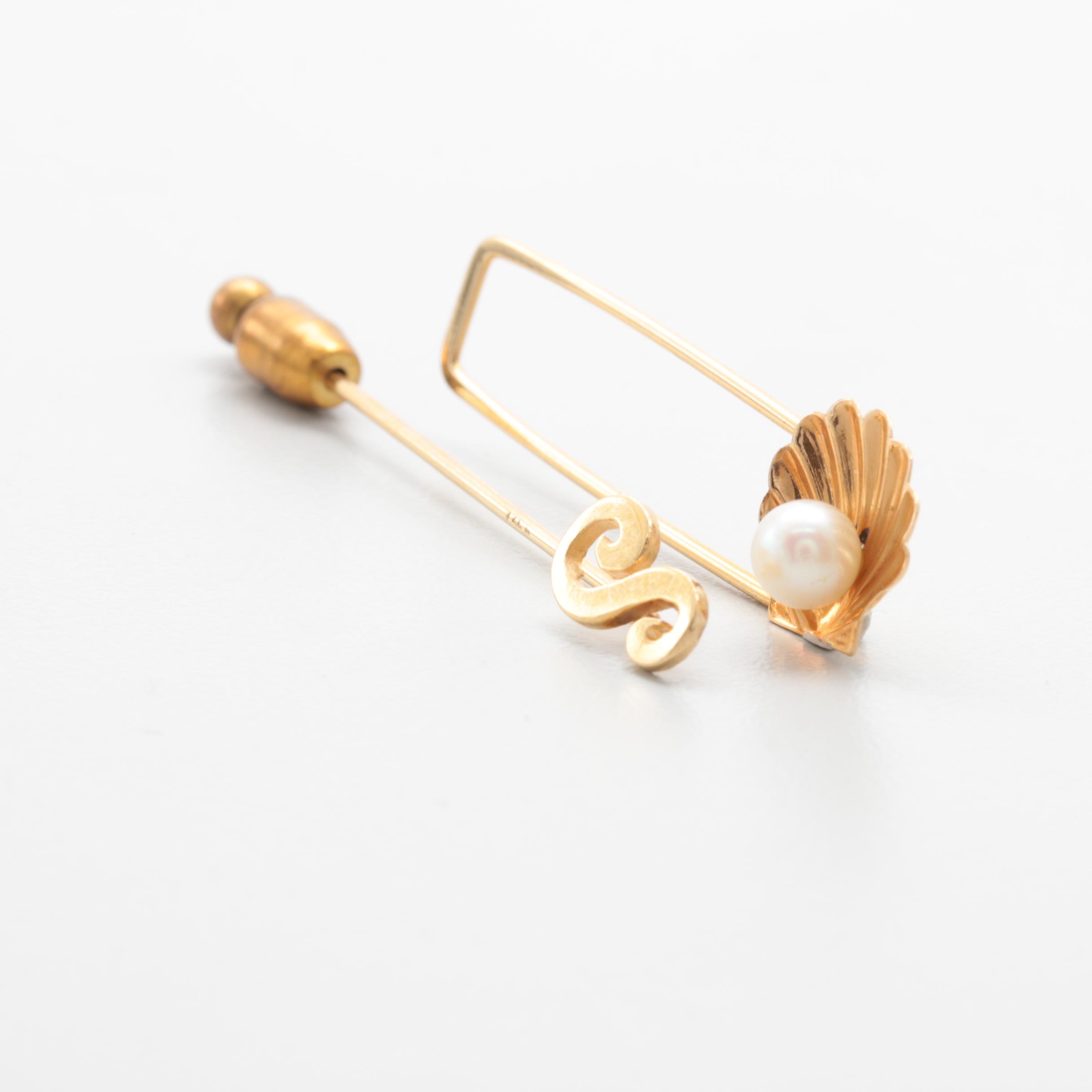 14K Yellow Gold Pin Selection Including a Cultured Pearl