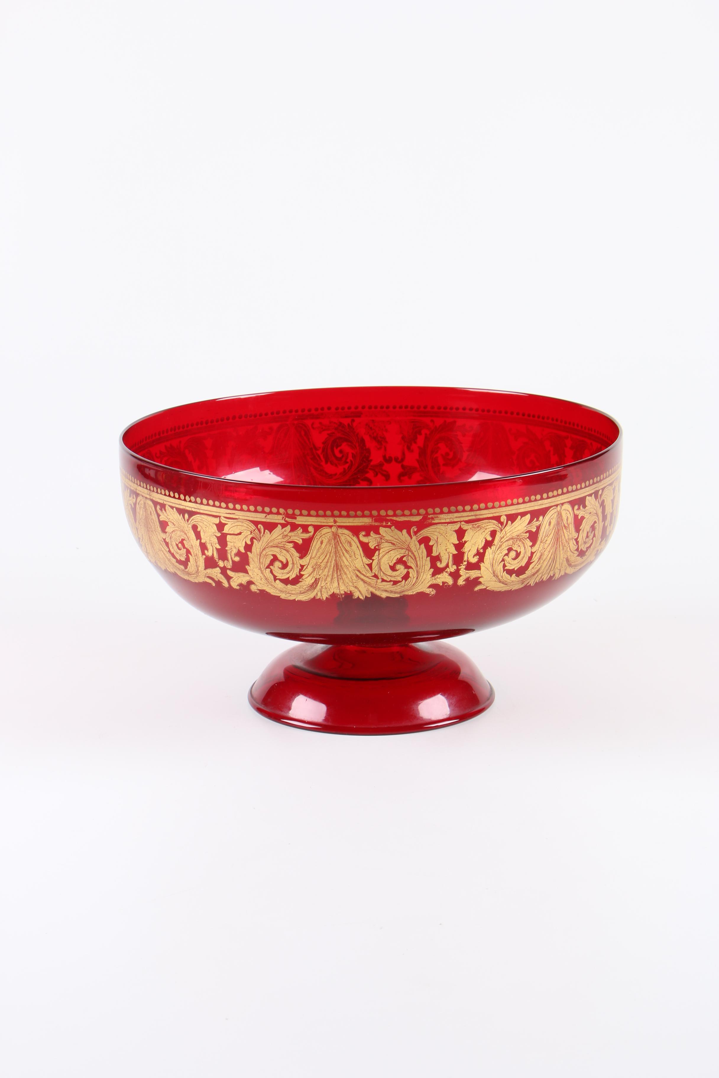 Blown Ruby Glass Compote with Gilt Acanthus Leaves