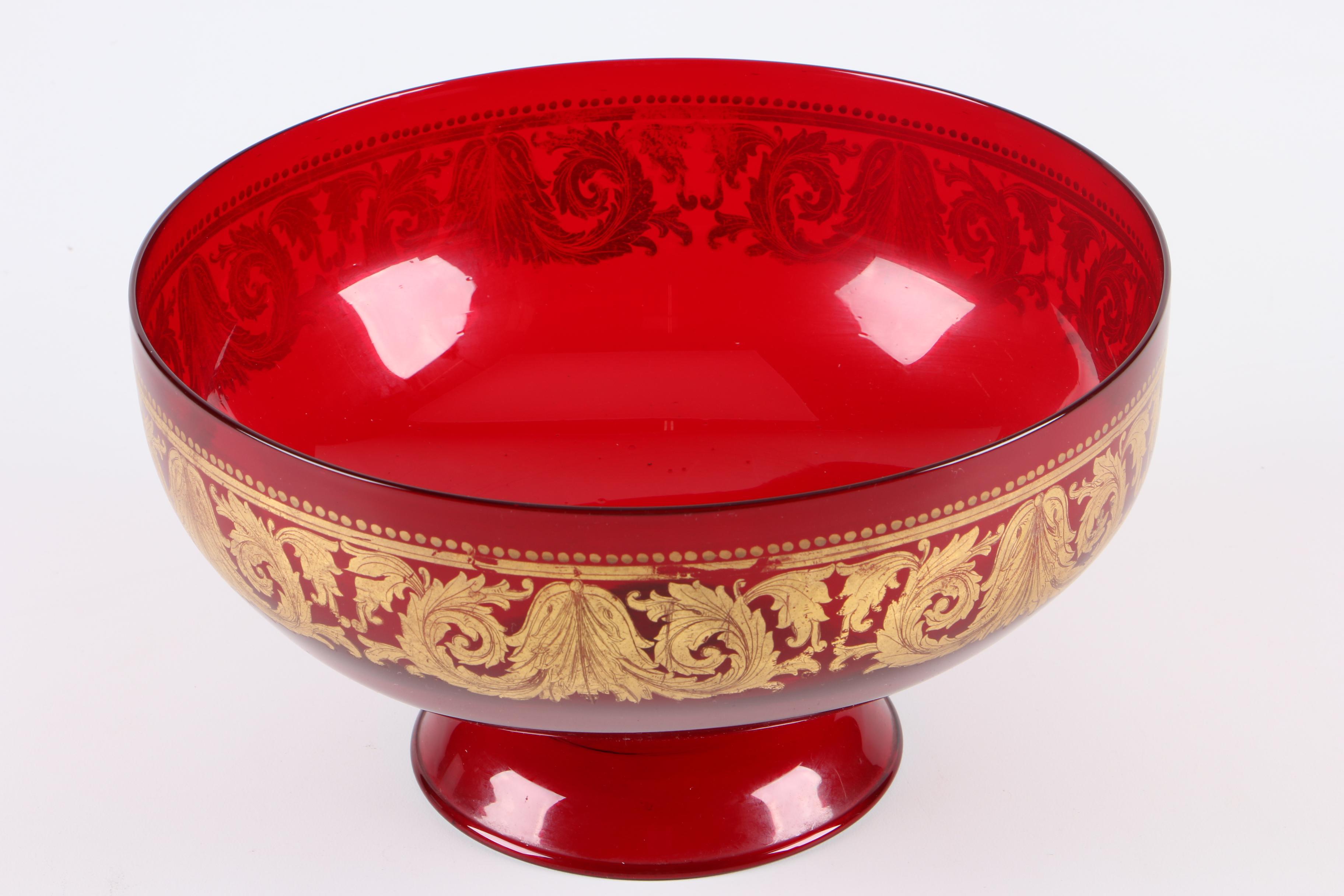 Blown Ruby Glass Compote with Gilt Acanthus Leaves