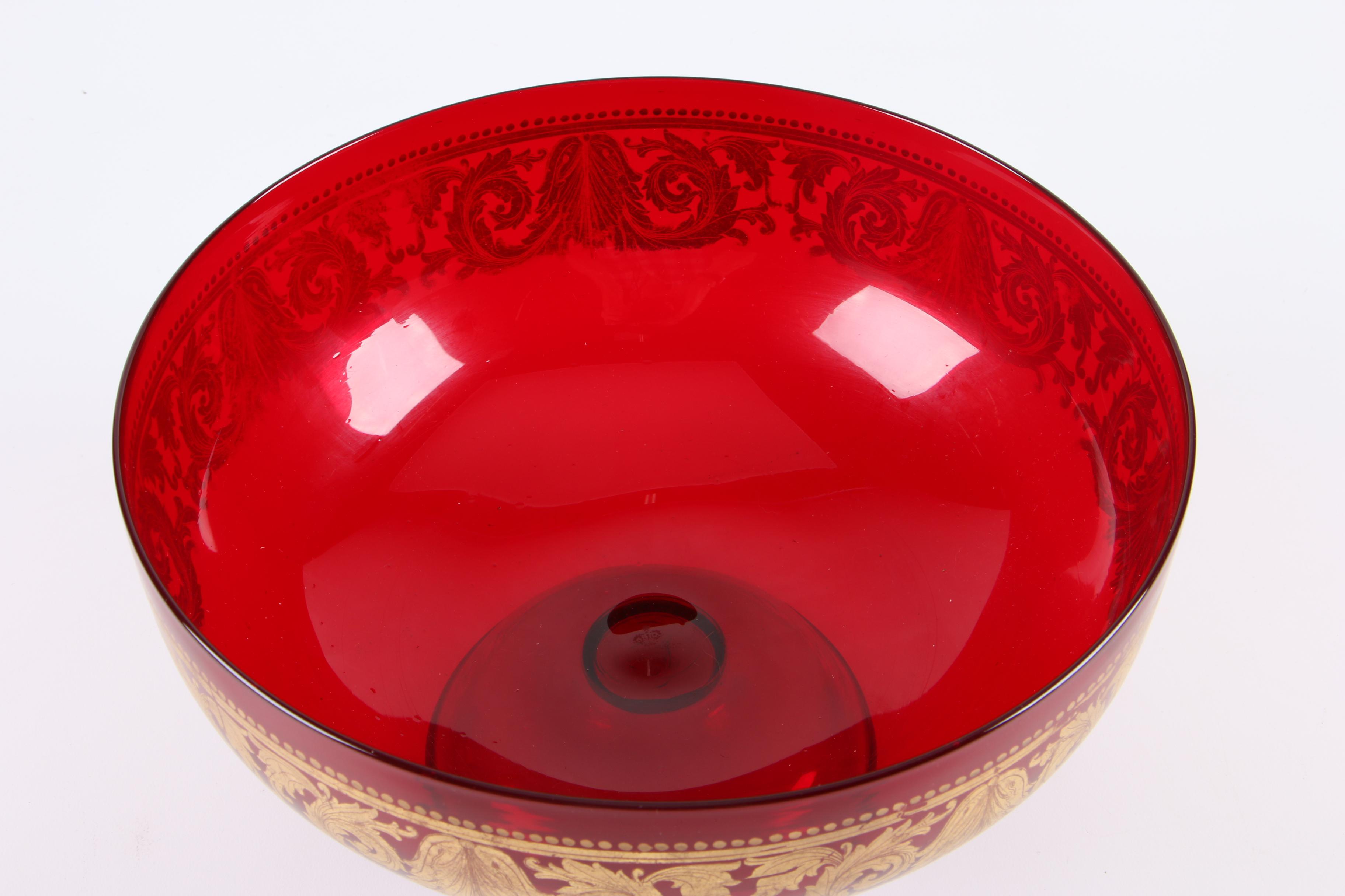 Blown Ruby Glass Compote with Gilt Acanthus Leaves