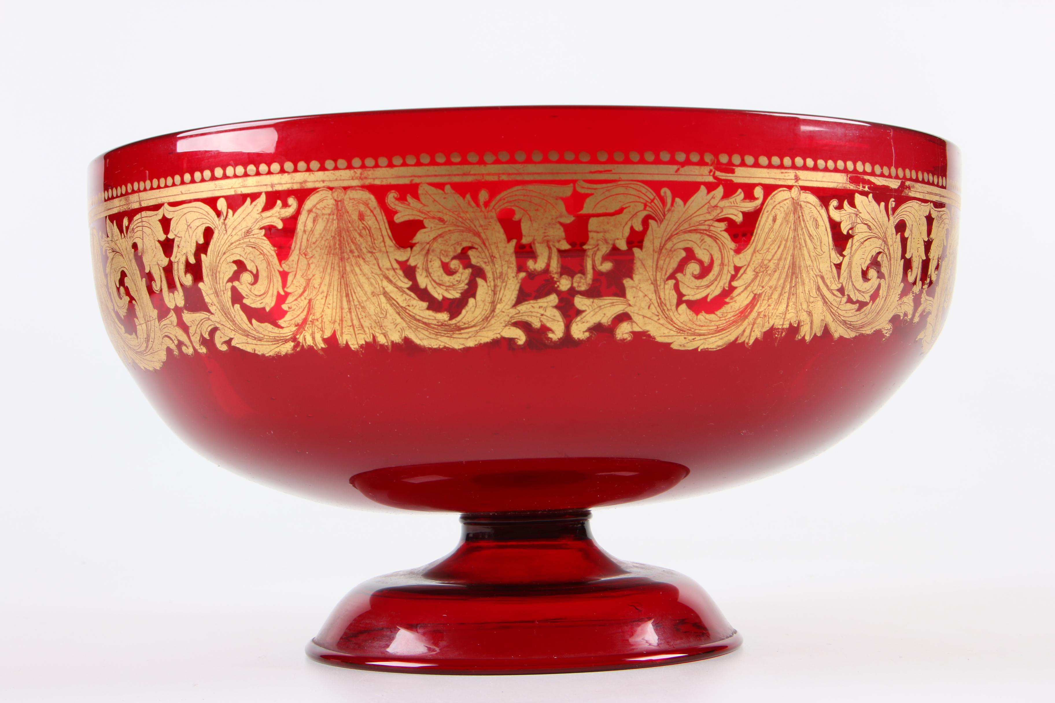 Blown Ruby Glass Compote with Gilt Acanthus Leaves