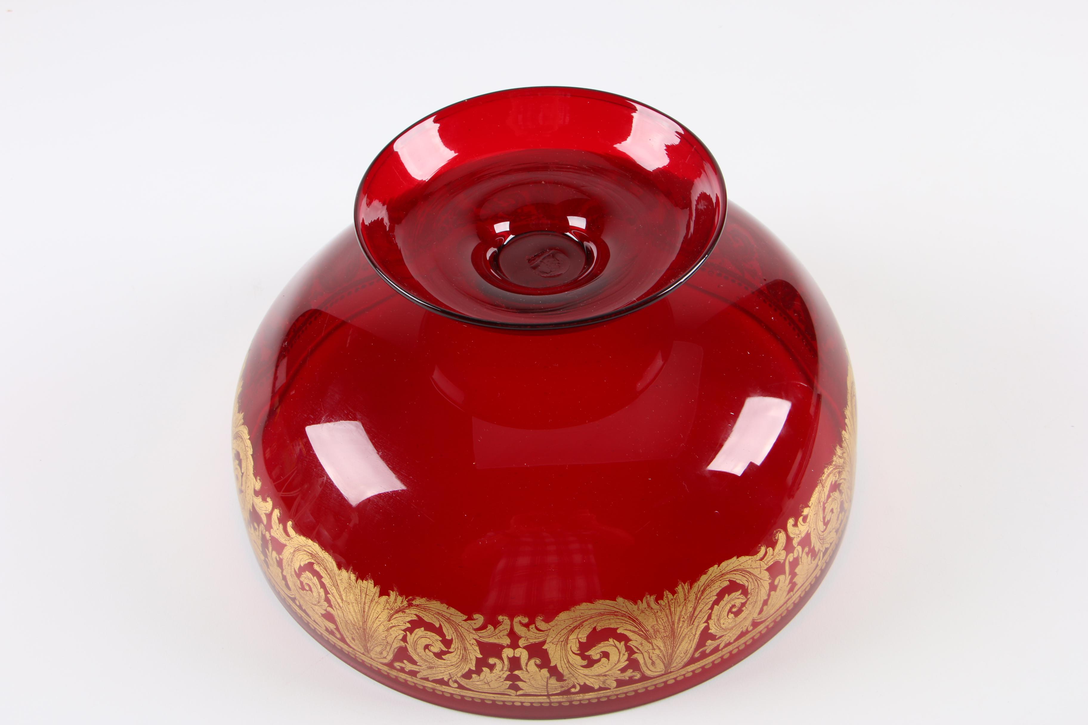 Blown Ruby Glass Compote with Gilt Acanthus Leaves