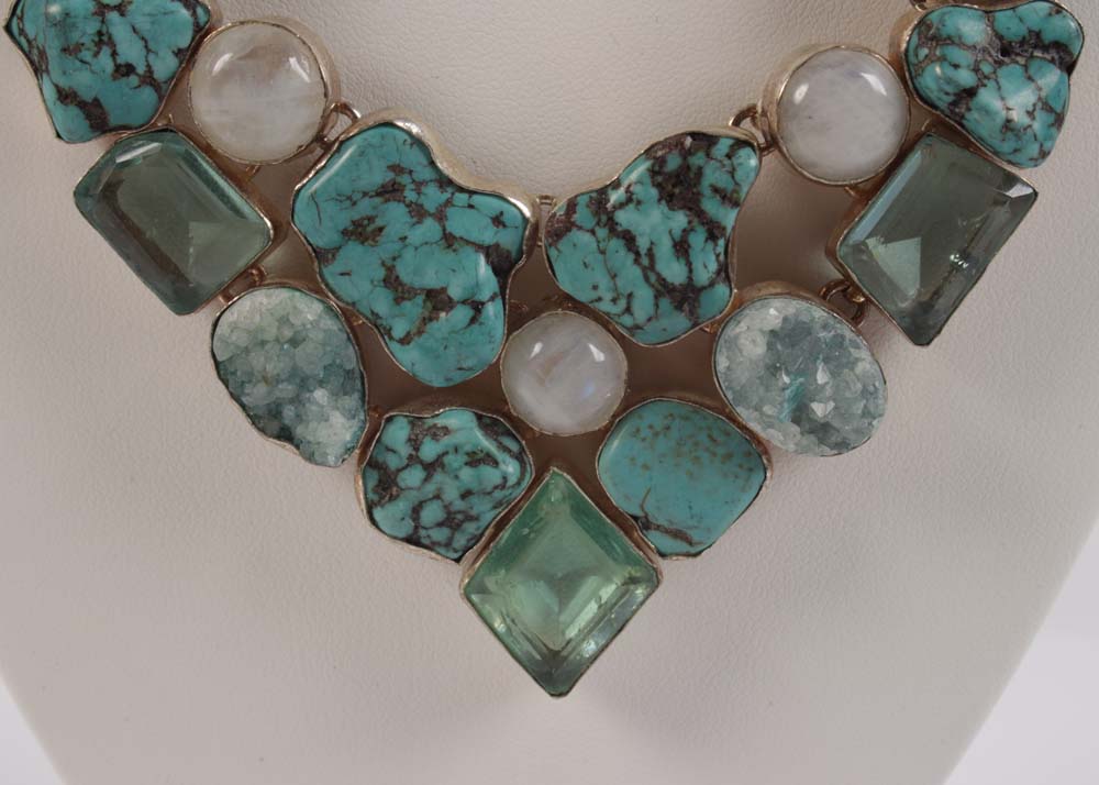 Sterling Turquoise, 12.65 CTW Moonstone, Druzy Quartz Bib Necklace