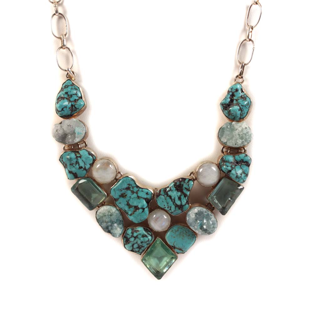 Sterling Turquoise, 12.65 CTW Moonstone, Druzy Quartz Bib Necklace