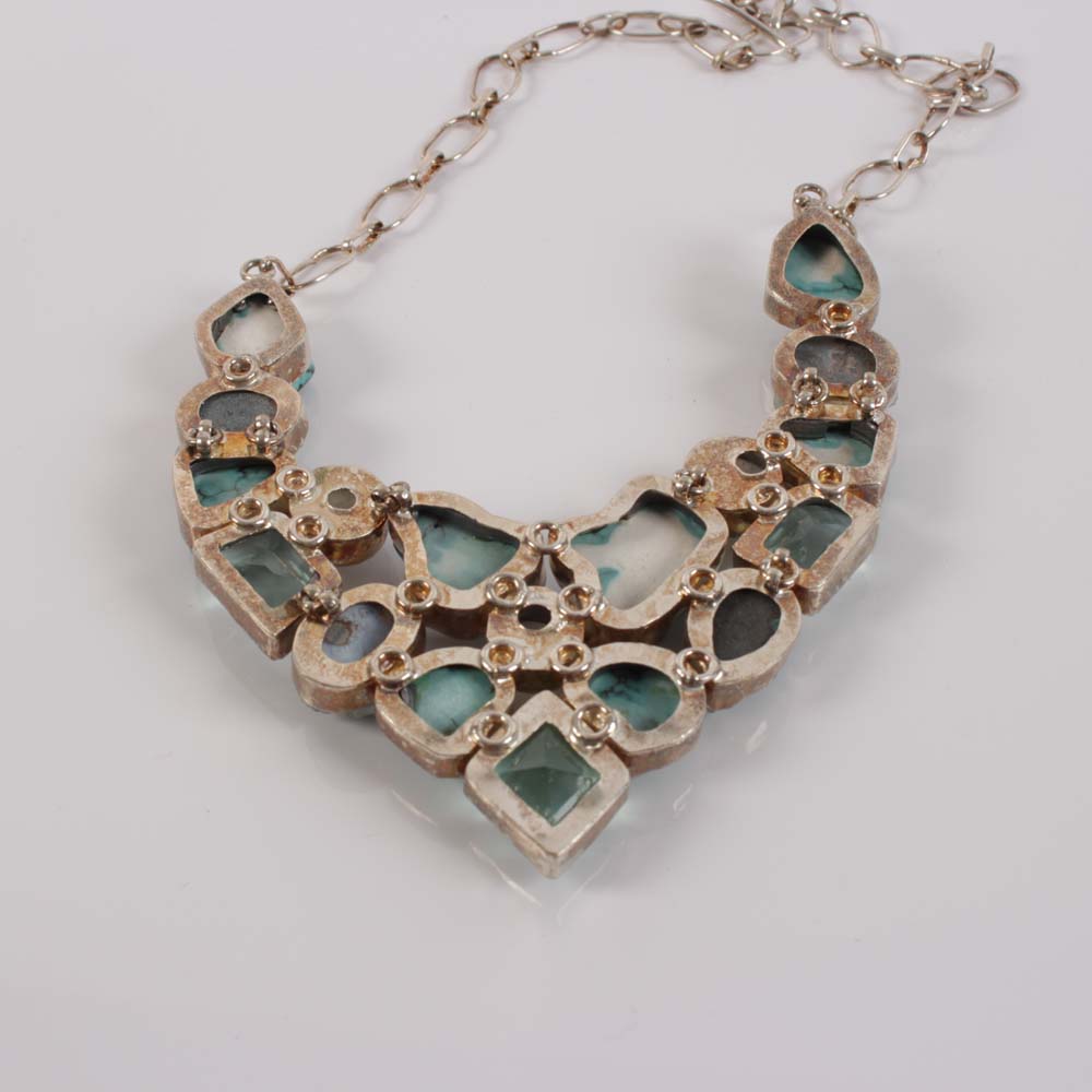 Sterling Turquoise, 12.65 CTW Moonstone, Druzy Quartz Bib Necklace