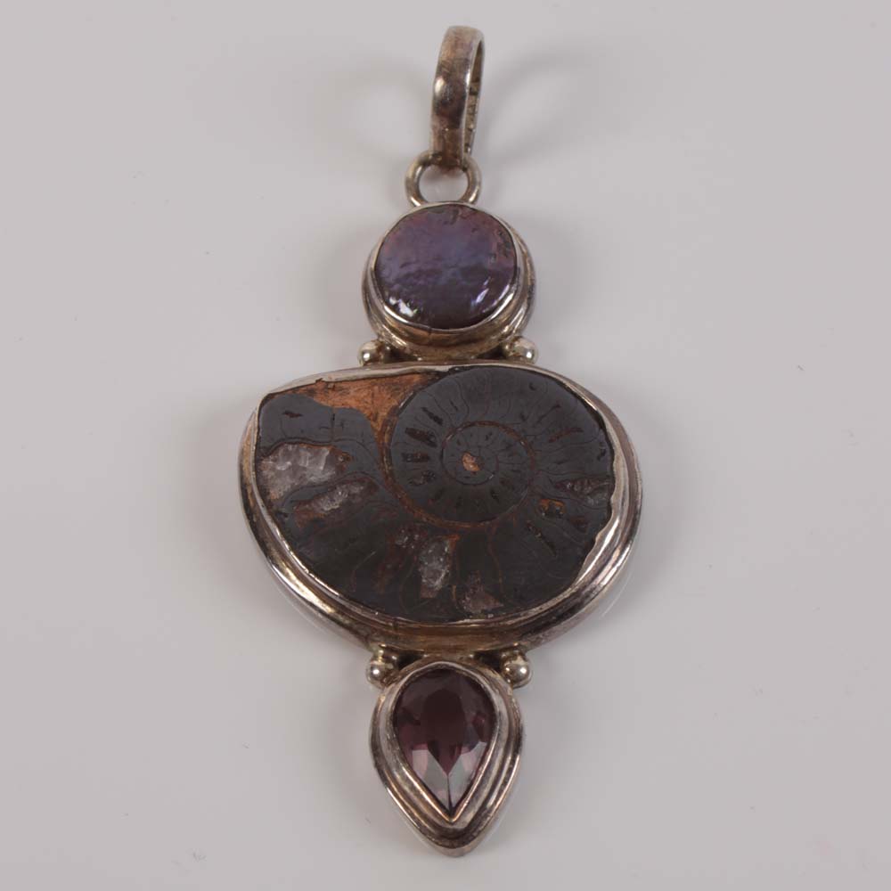 Sterling Silver Ammonite and Coin Pearl, Quartz Pendants