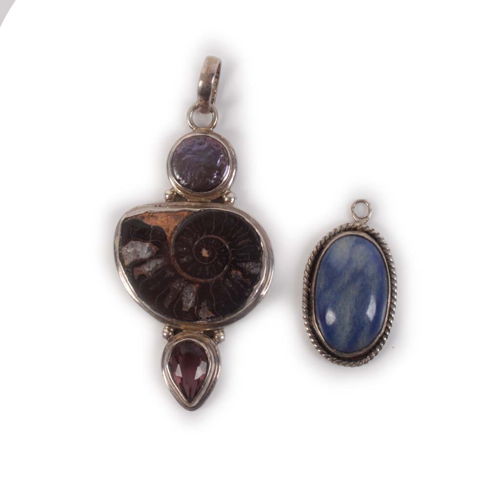 Sterling Silver Ammonite and Coin Pearl, Quartz Pendants