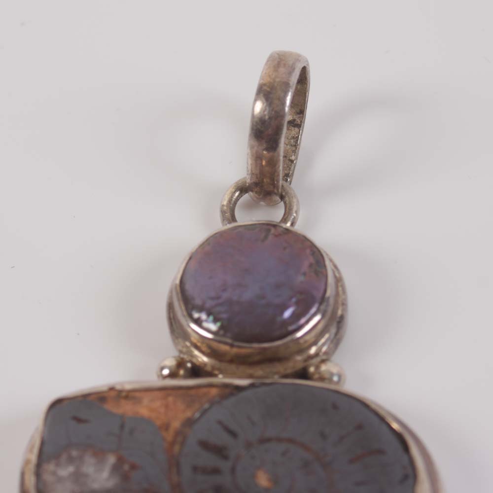 Sterling Silver Ammonite and Coin Pearl, Quartz Pendants