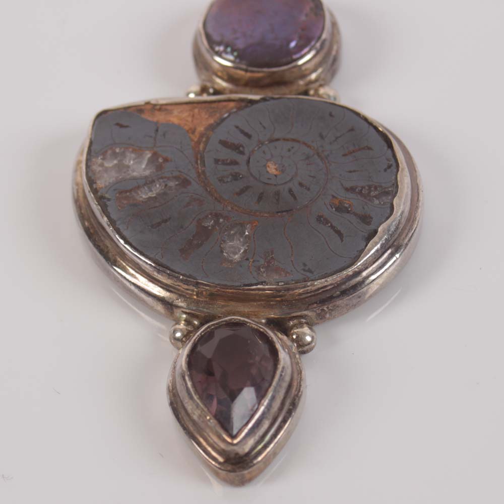 Sterling Silver Ammonite and Coin Pearl, Quartz Pendants