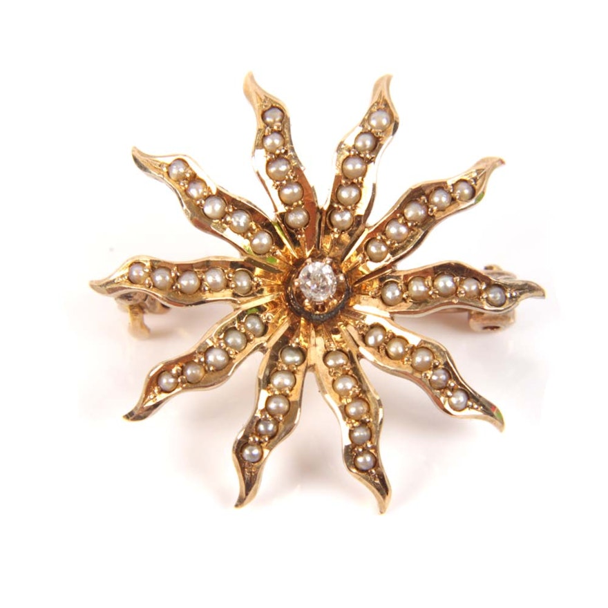 Vintage 10K Yellow Gold Old Mine Cut Diamond and Seed Pearl Starburst Brooch