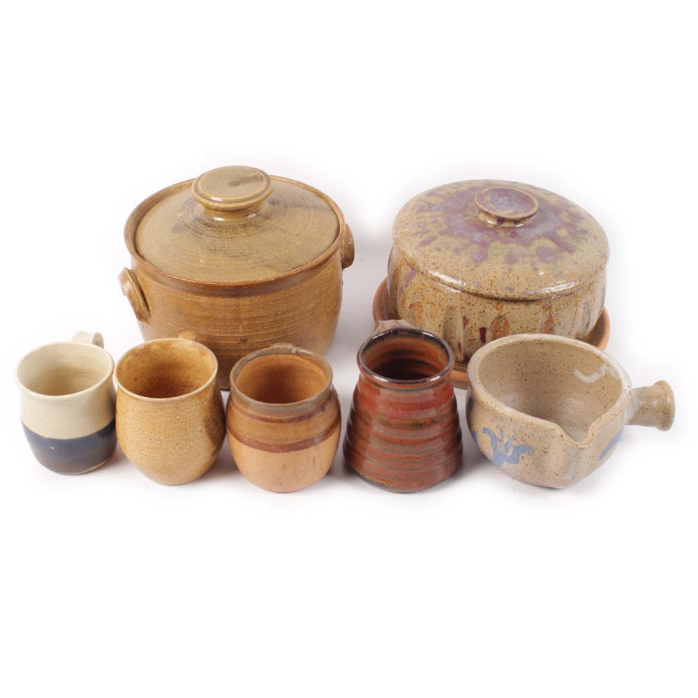 Signed Hand Thrown Stoneware Kitchenware Featuring Brown Pottery