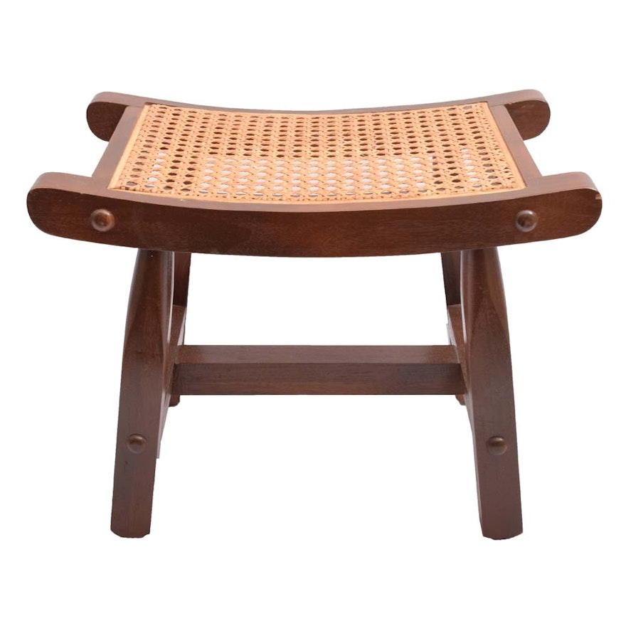 Vintage Asian Inspired Wood and Rattan Stool