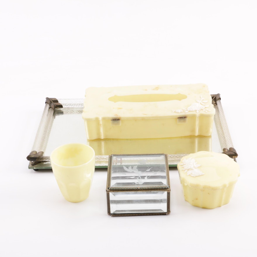 Schwarz Bros. Vanity Accessories with Glass Tray and Trinket Box