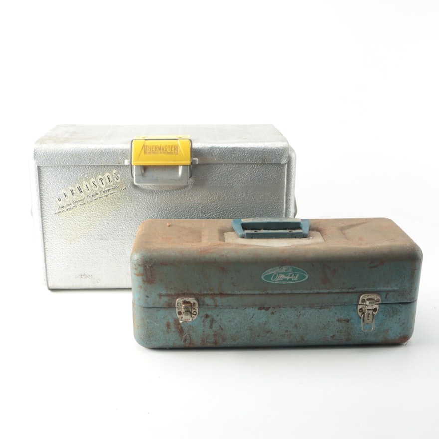 1950's Thermaster Aluminum and Fiberglass Cooler, Old Pal Tackle Box and Lures