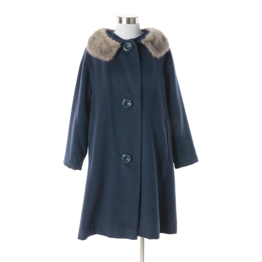 Women's Vintage Titche's Navy Wool Blend Coat with Silver Mink Fur Collar