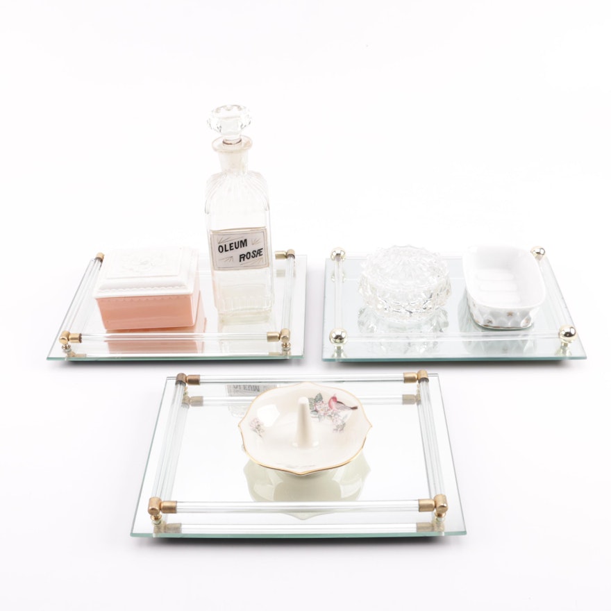 Glass Vanity Trays with Accessories featuring Lenox "Serenade" Ring Dish