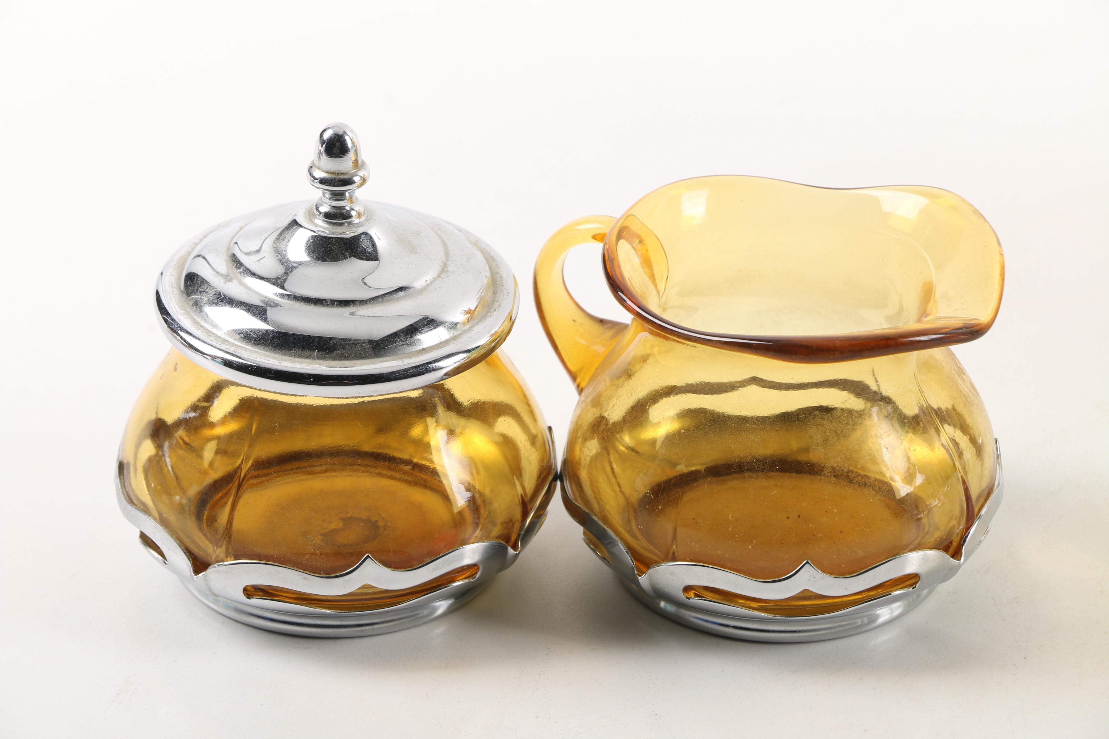 Farber Bros. "Krome Kraft" Colored Glass Stemware and Serveware