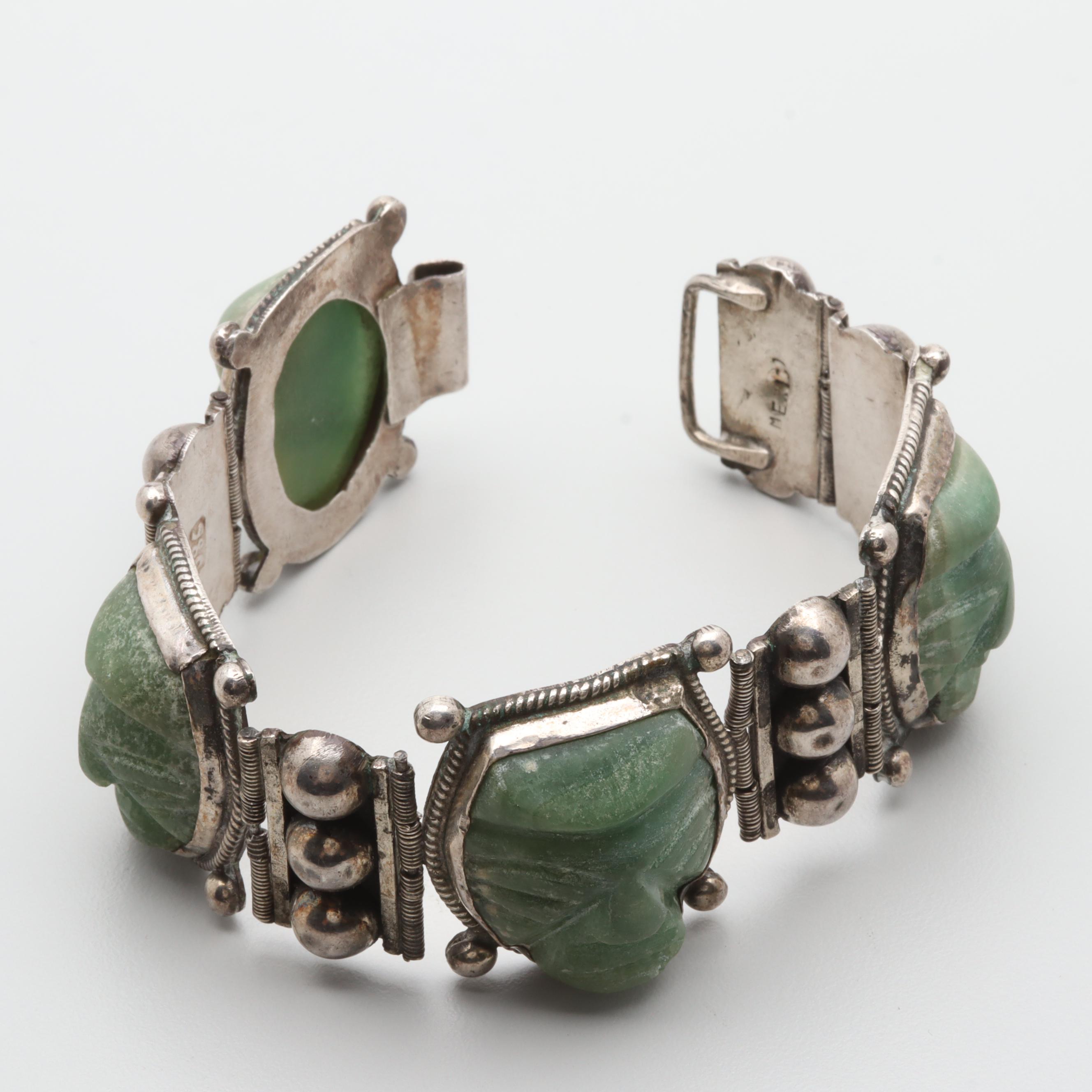 Vintage Mexican 980 Silver Figural Carved Calcite Bracelet