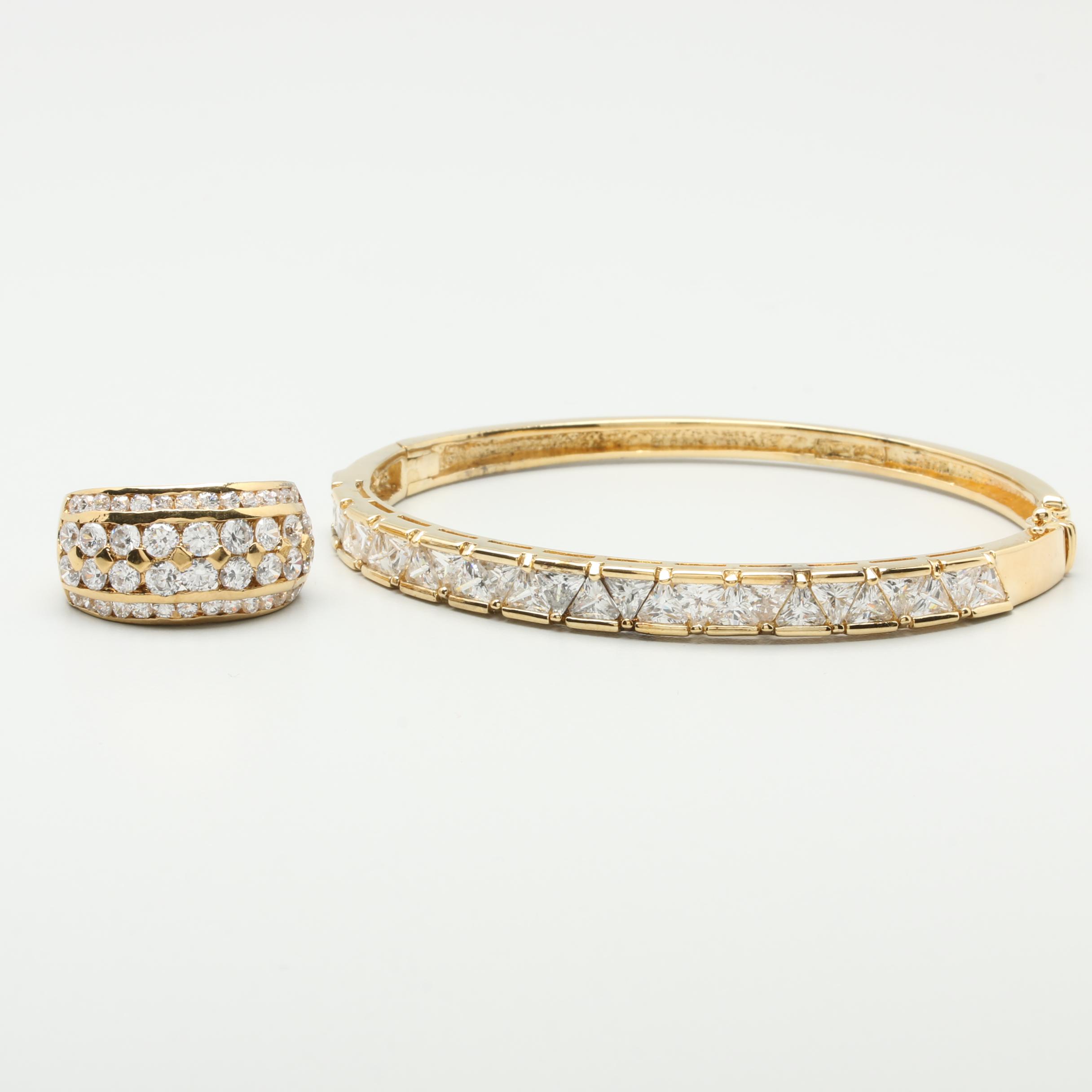 Gold Wash on Sterling Silver Cubic Zirconia Bangle Bracelet with Ring