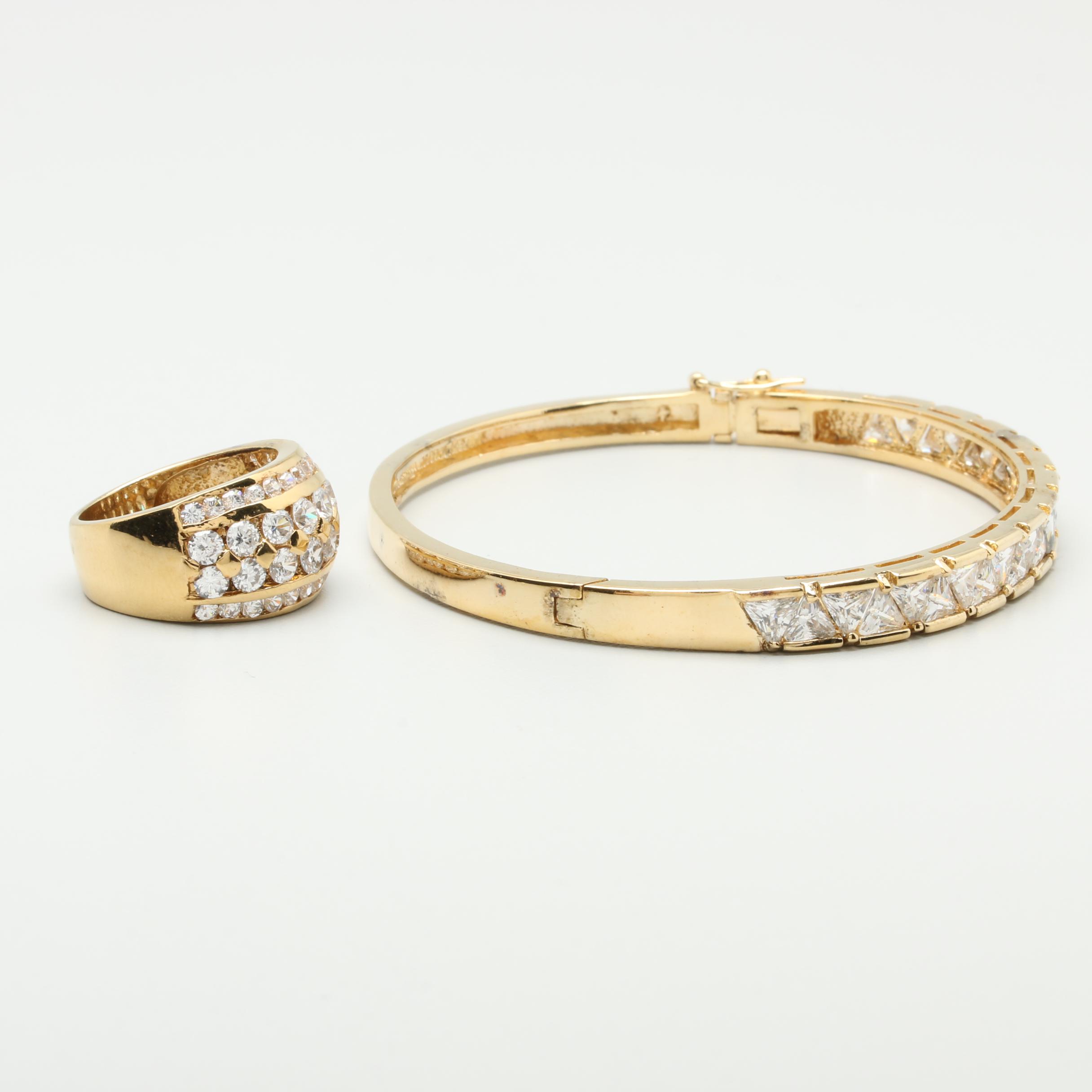 Gold Wash on Sterling Silver Cubic Zirconia Bangle Bracelet with Ring