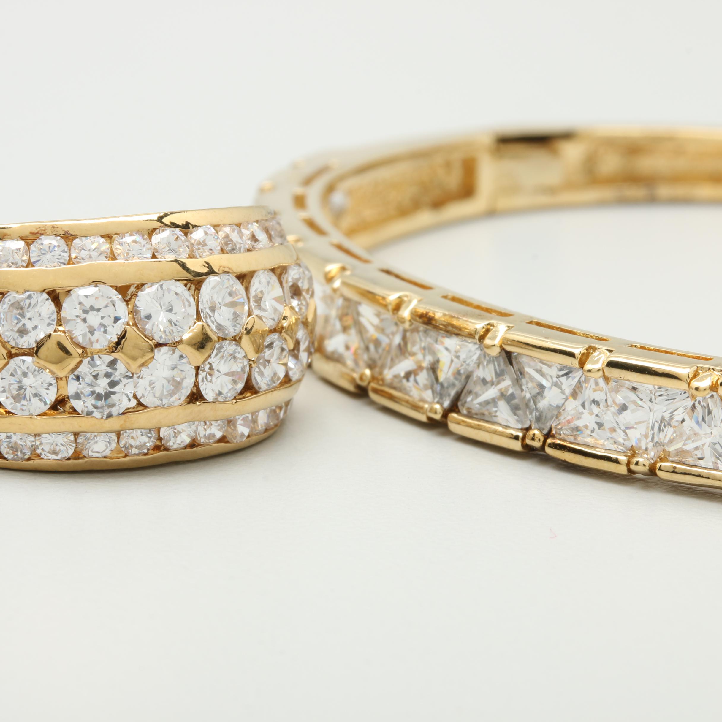 Gold Wash on Sterling Silver Cubic Zirconia Bangle Bracelet with Ring