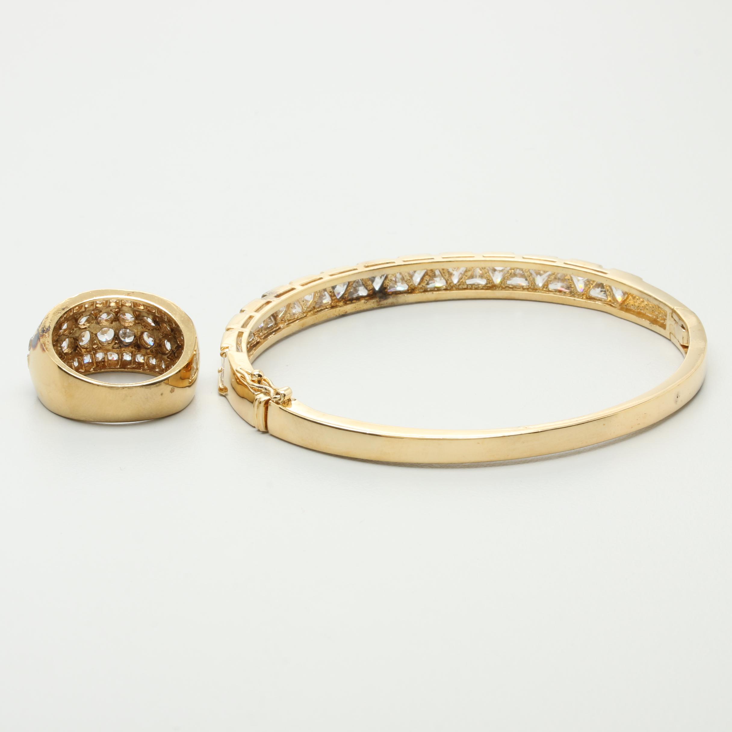 Gold Wash on Sterling Silver Cubic Zirconia Bangle Bracelet with Ring