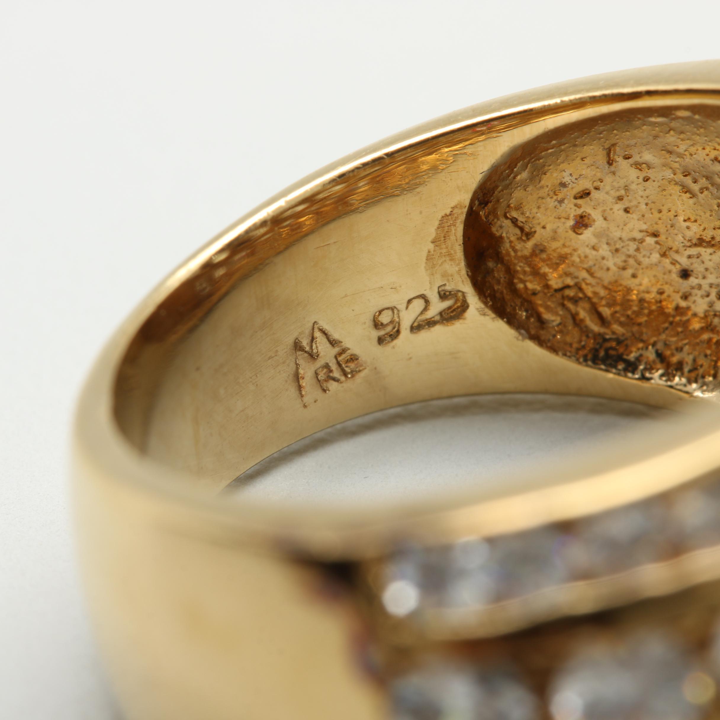 Gold Wash on Sterling Silver Cubic Zirconia Bangle Bracelet with Ring