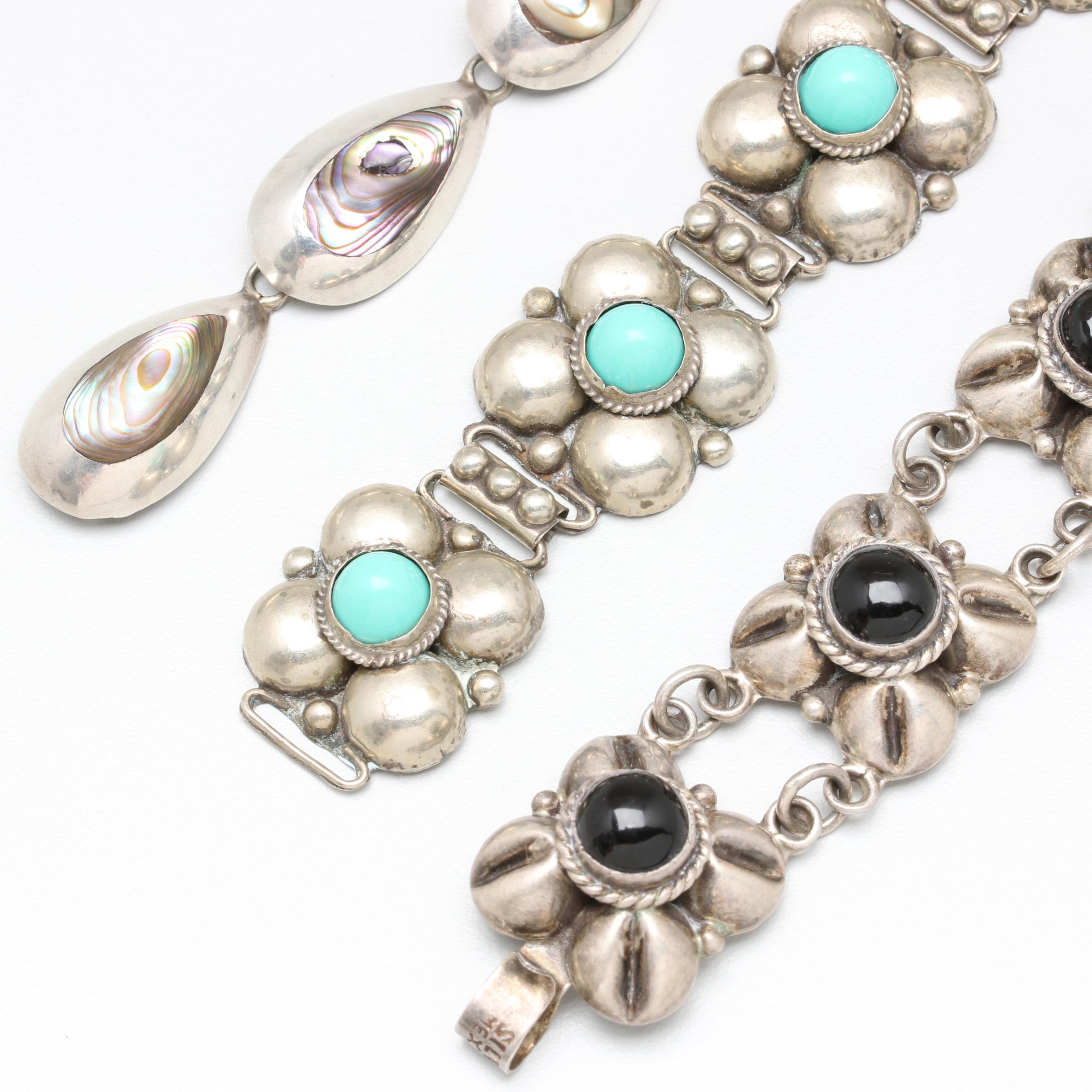 Mexican Sterling Abalone, Imitation Turquoise and Imitation Black Onyx Bracelets