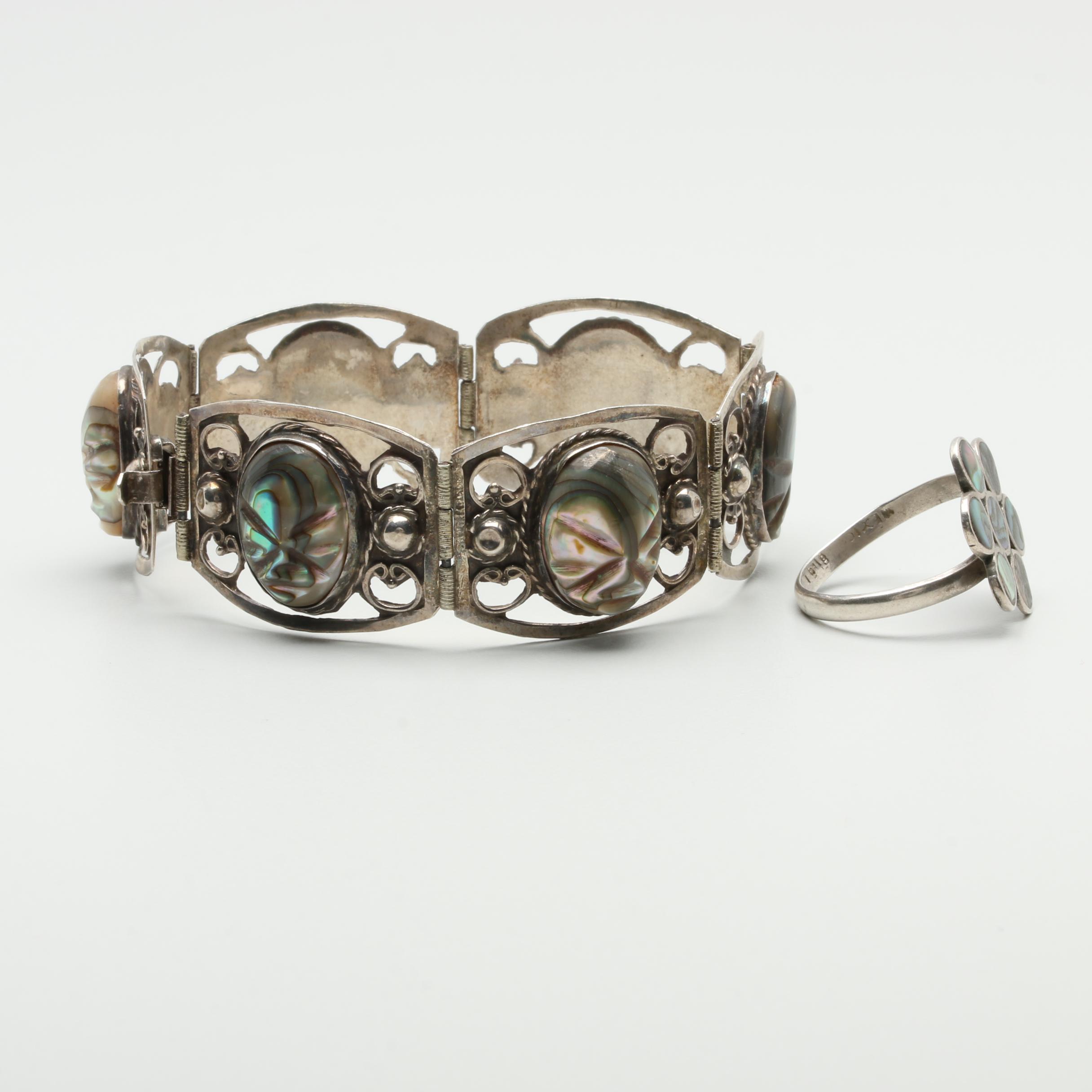 Sterling Silver Jewelry Selection Including Abalone and Glass